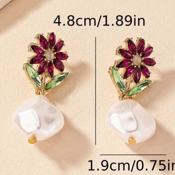 New Floral Gemstone and Faux Pearl Drop Earrings - Picture 5 of 6